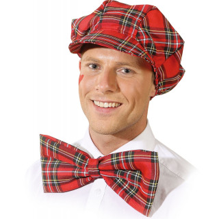 Set Berretto e Fiocco Scozzese Rosso a Quadri – Coppola con Papillon Coordinato per Look Informale e Fancy