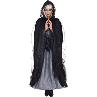 Mantello di Tulle Nero con Cappuccio – Eleganza Dark per Strega e Maga dell’Oltretomba