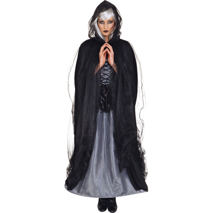 Mantello di Tulle Nero con Cappuccio – Eleganza Dark per Strega e Maga dell’Oltretomba