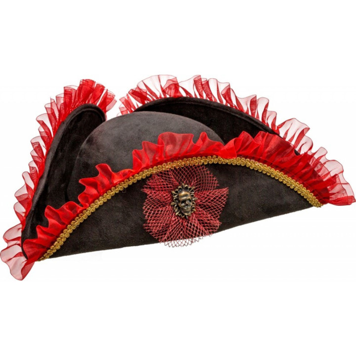 Tricorno Capitano Pirata con Pizzo Rosso e Borchia Teschio