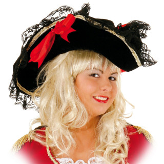 Tricorno da Ammiraglio Corsaro – Cappello Pirata con Merletti e Fiocchi Rossi