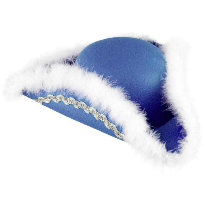 Tricorno Veneziano Blue Silver con Passamaneria Argentata e Piumaggio Bianco