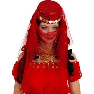 Turbante Odalisca Rosso con Velo e Medagliette Dorate