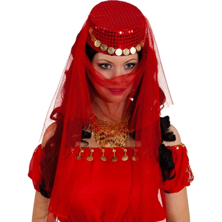 Turbante Odalisca Rosso con Velo e Medagliette Dorate