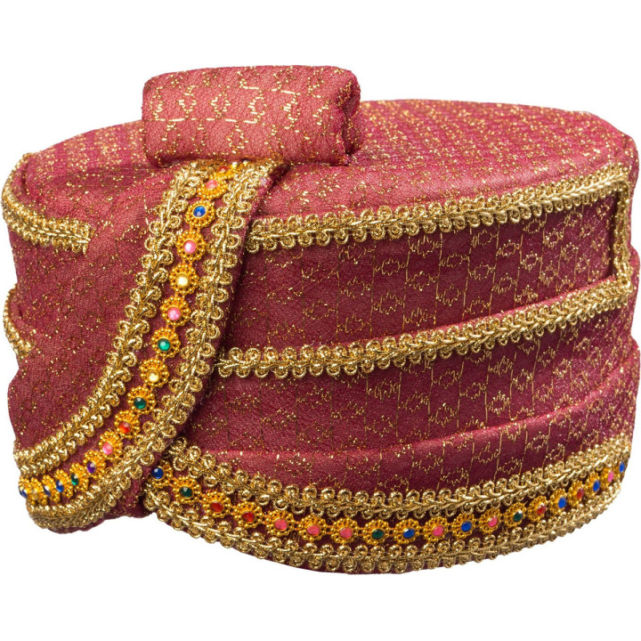 Turbante Orientale Corallo con Ricami Oro e Pietre