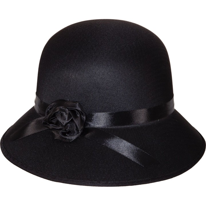 Cappello Cloche Donna Anni ’20 – Stile Charleston con Fiore in Rasatello Nero