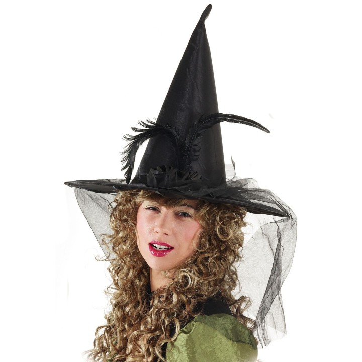 Cappello da Strega Nero con Piume e Tulle – Cono Oscuro con Falda Circolare