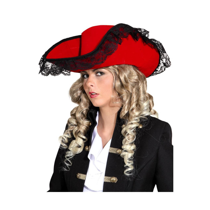 Cappello Rosso Piratessa Cowgirl con Ampia Falda Bordata in Pizzo Nero – Accessorio Femminile per Costume e Feste a Tema