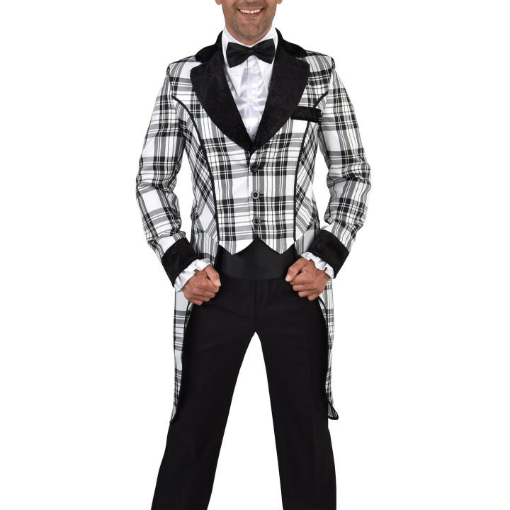Frac Tartan Bianco-Nero – Giacca Elegante a Quadri per Showman e Spettacolo