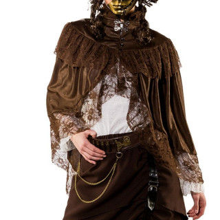 Mantellina Steampunk in Pizzo e Raso Marrone con Collo Alto e Bottoni