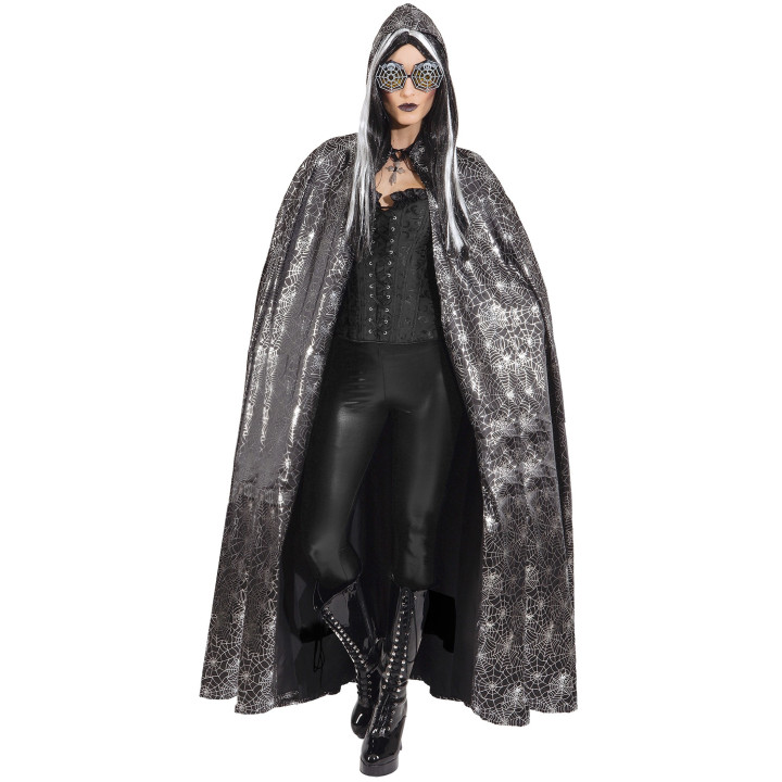 Mantello Ragnatela Argento con Cappuccio e Fantasia a Ragnatela - Eleganza Dark New Age
