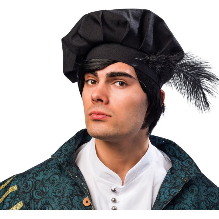 Berretto Medievale Maschile Nero con Piuma Nera - Accessorio da Artigiano e Pittore del Rinascimento