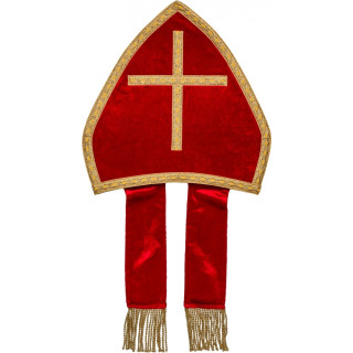 Mitra Lusso Arcivescovo Rossa con Croce Dorata e Passamaneria - Copricapo Liturgico Extra Lusso