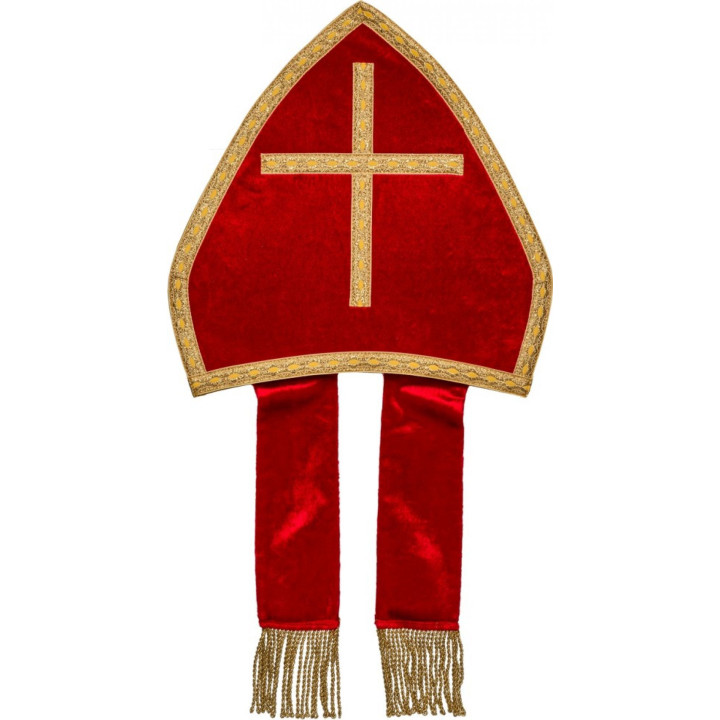 Mitra Lusso Arcivescovo Rossa con Croce Dorata e Passamaneria - Copricapo Liturgico Extra Lusso