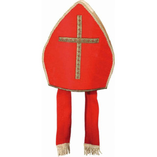 Mitra Vescovo Rossa con Croce e Passamaneria Dorata - Copricapo Liturgico per Alti Prelati
