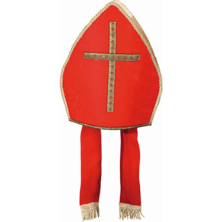 Mitra Vescovo Rossa con Croce e Passamaneria Dorata - Copricapo Liturgico per Alti Prelati
