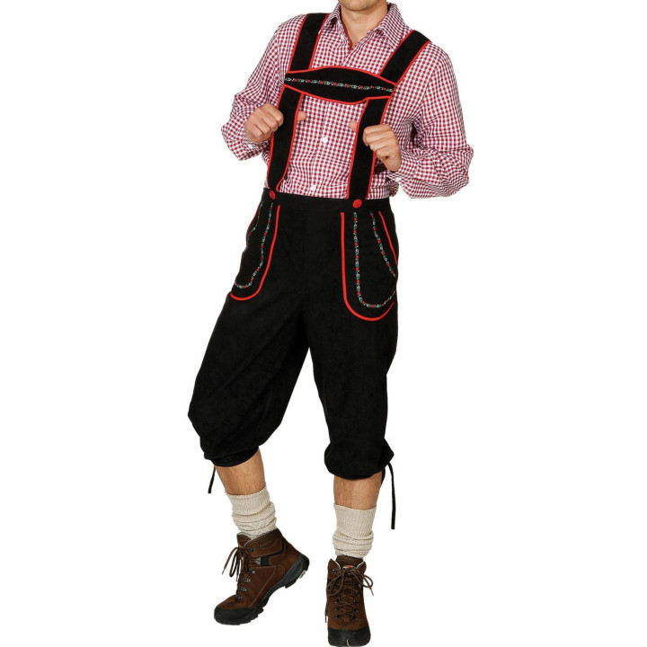 Pantaloni Tirolesi Neri con Passamaneria Rossa – Stile Bavarese e Altoatesino